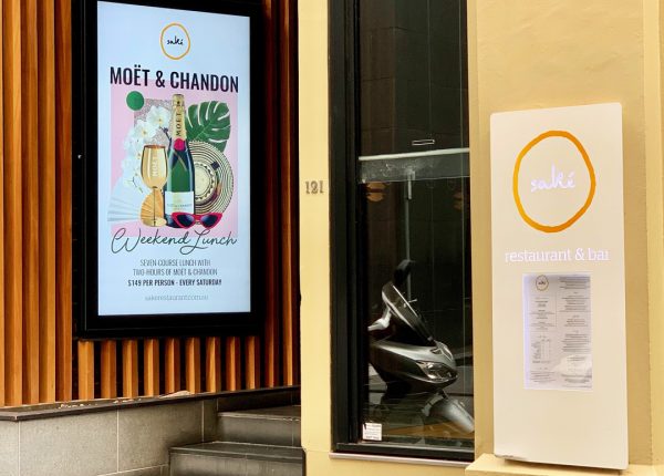 Outdoor digital screen at Sake restaurant.